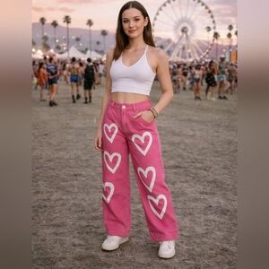 💖 Pink Heart Print Wide-Leg Jeans – Size S
